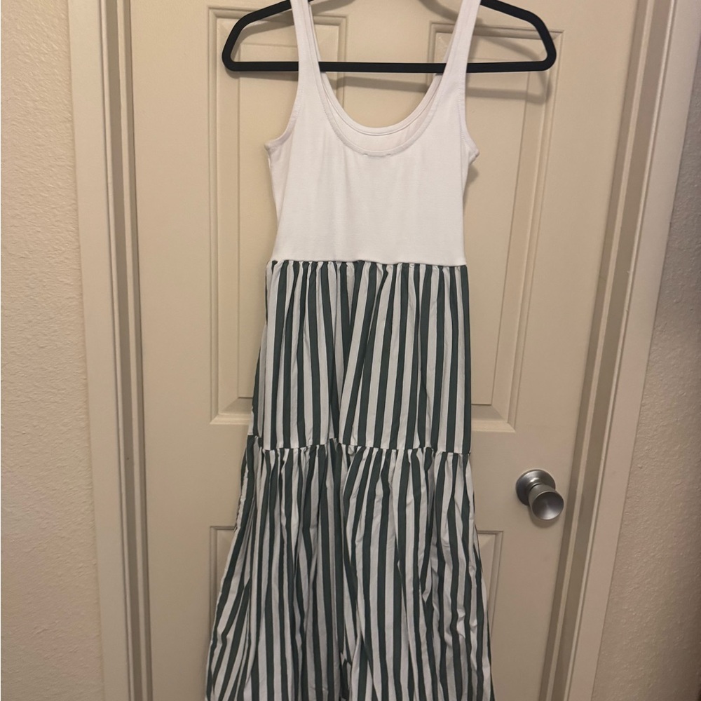 J. Crew White Tank Top Midi Dress with Green Stripes